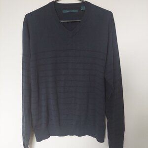 Perry Ellis Men's Size L Navy Striped V Neck Pullover Sweater Cotton Blend